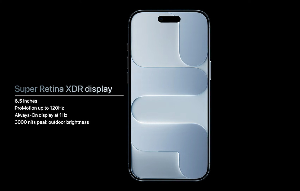 比 iPhone 17 的屏幕更大一點,亦有 ProMotion 技術支援高達 120Hz 更新率及 3000nits 亮度。