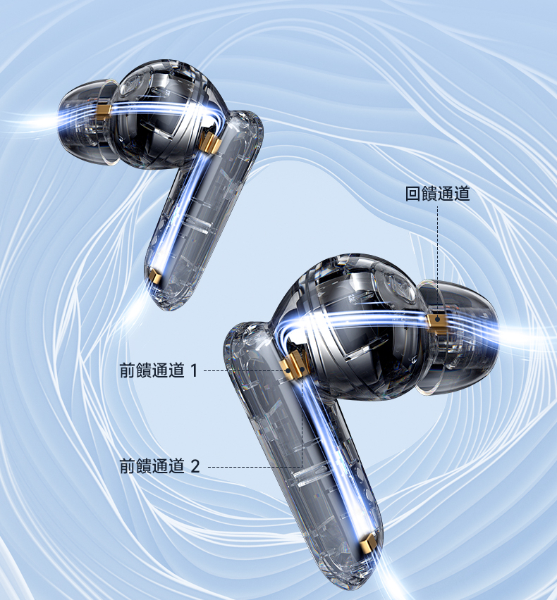 WIDE-BAND MULTI-CHANNEL ANC 寬頻多通道主動降噪技術,原理是採用獨立前饋降噪通道,結合 Knowles 動鐵單元去提升耳機的降噪效能,強化混合式 ANC 效果。