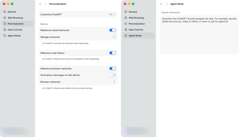 與其他基於 Chromium 的瀏覽器不同,設定裡多了一些關於個人化 ChatGPT 和代理模式系統提示的設定。