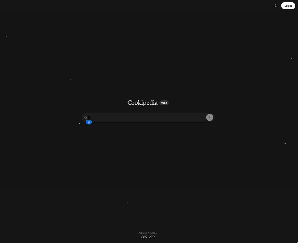 Grokipedia 版本 0.1 版面非常簡潔,像 Google 搜尋一樣只有一行搜尋列,暗色調以星夜作背景,底部標示現時有 88 萬 5 千多條條目,全都是英語內容。而 Wikipedia 單是英語條目就有接近 707 萬條。