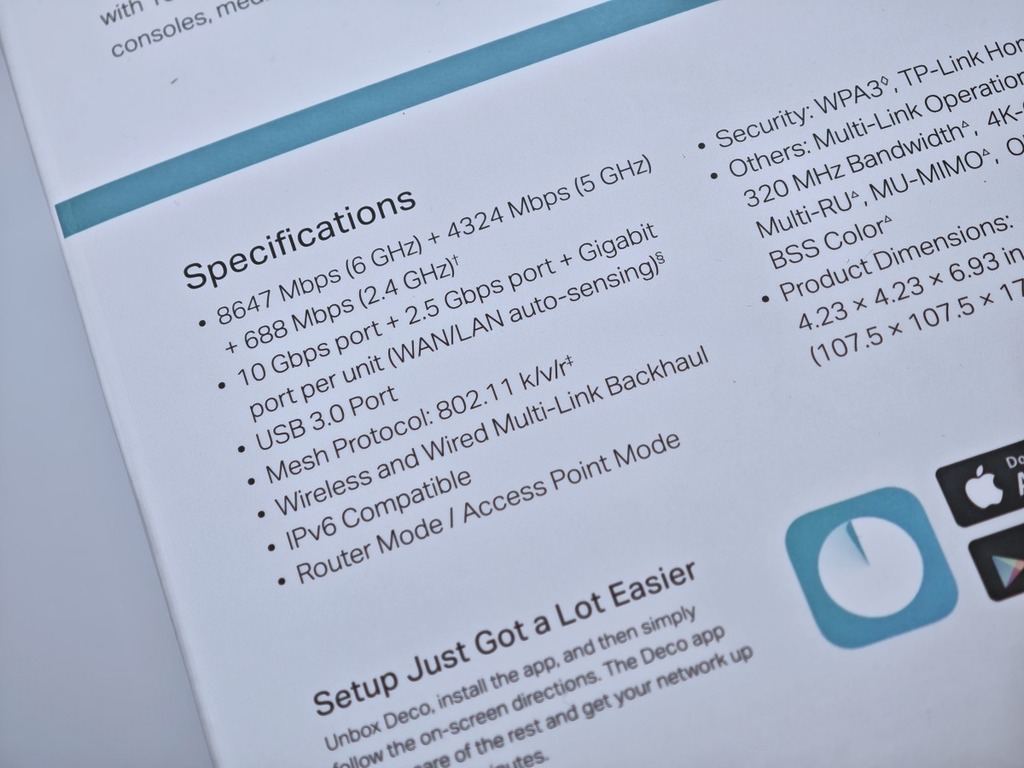 TP-Link Deco BE68 以市場少有8天線 的 BE14000 三頻 Wi-Fi 7 規格運作。