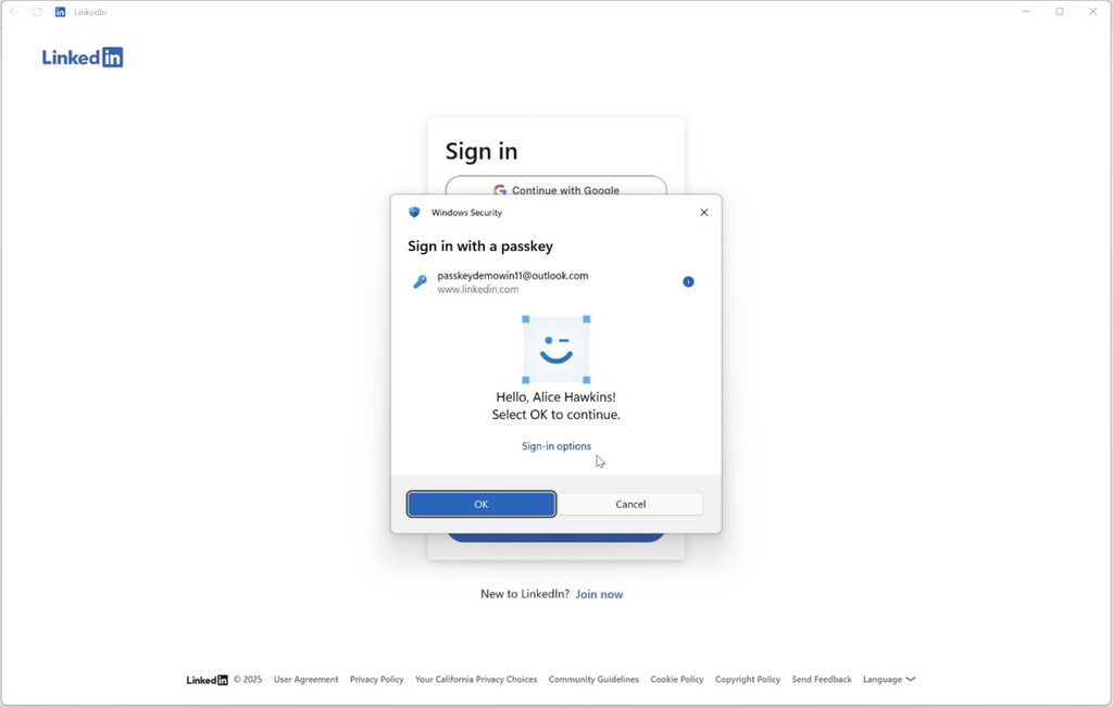 Passkey 整合到 Windows Hello 認證平台。