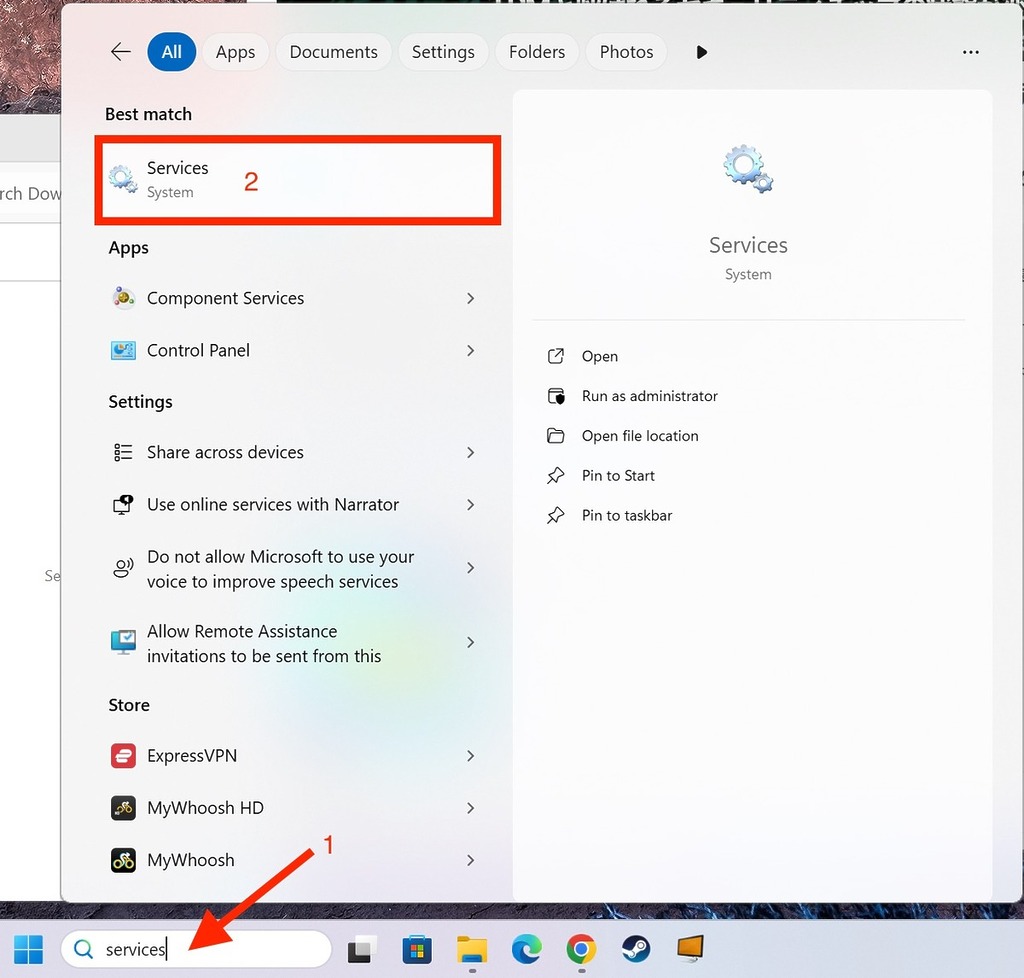 1. 在 Task Bar 搜尋列輸入「Services」,然後點擊找到的 Services 管理員。