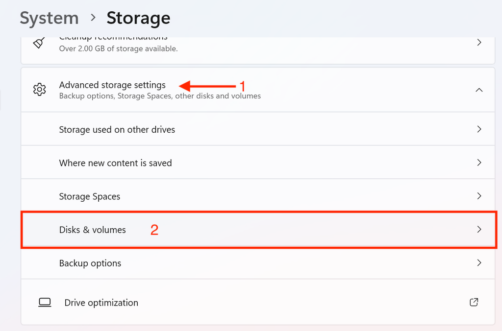 2. 點擊 Advanced storage settings,在彈出來的選單中選擇 Disks & volumes;