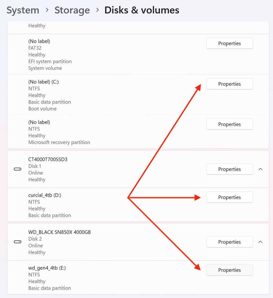 3. 逐一點擊每部碟機的 Properties 查看內容;