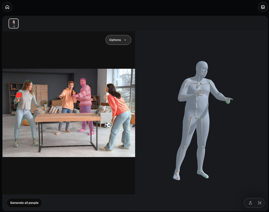 從圖片中抽取出指定人物的外型和骨架，即使多人或部分身體被遮擋仍能重建人物外形和骨架。