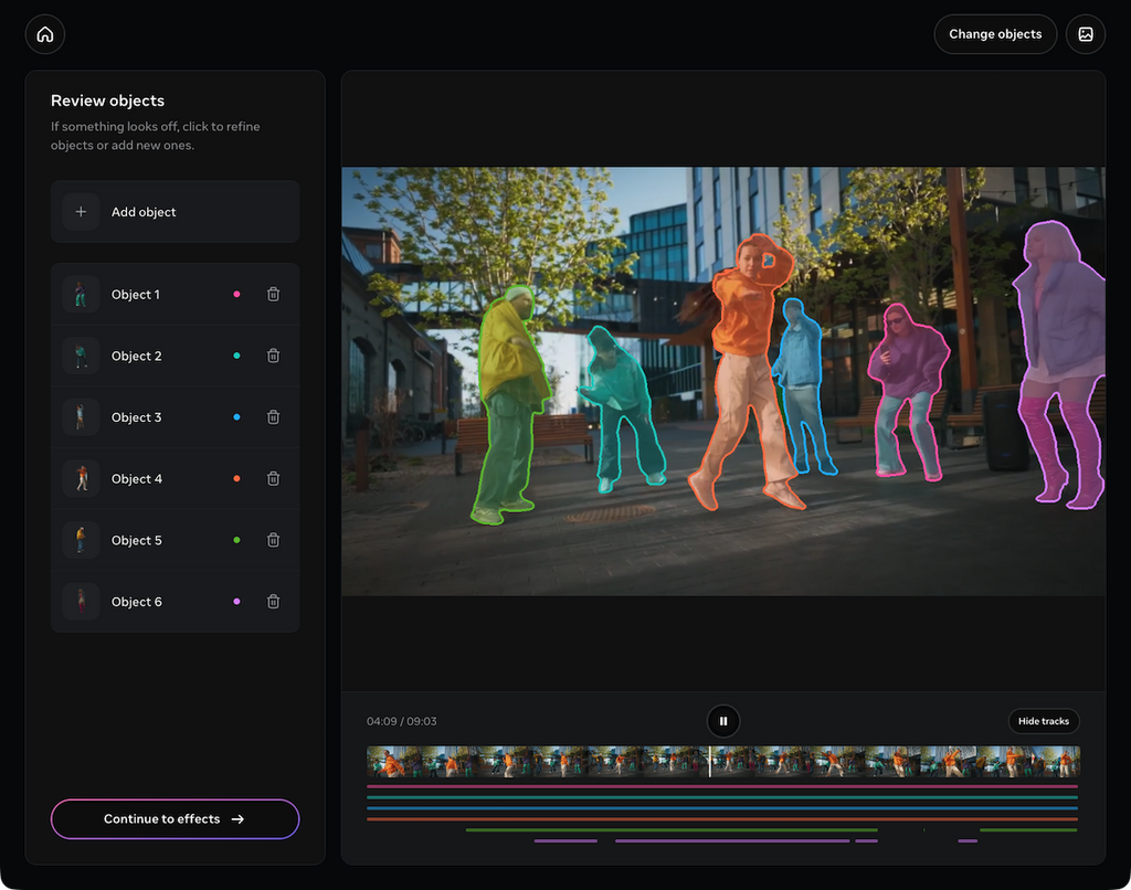 利用 SAM 3 從影片中偵測出不同人物和物件，並且標示出他們的出現時間。
