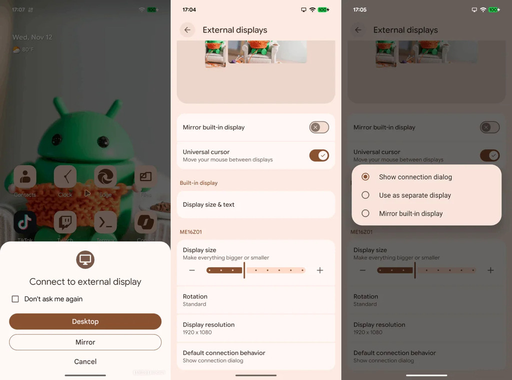 Google 正在 Android 16 中測試全新的「外接顯示器連接」功能,當手機透過 USB-C 或無線方式連接外接螢幕時,系統會主動跳出視窗,詢問要使用「鏡射畫面」還是「延伸畫面」,這項改變終於讓 Android 裝置在外接屏幕體驗上追上 iPhone 與 iPad