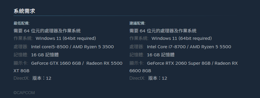 今次 PC 版的 《Resident Evil Requiem 惡靈古堡:安魂曲》對電腦硬件建議要求為 Intel Core i7-8700 或 AMD Ryzen 5 5500 處理器,搭配 16GB 記憶體及 NVIDIA GeForce RTX 2060 Super 或 AMD Radeon RX 6600 顯示卡,似乎新作對電腦的要求不算很苛刻。