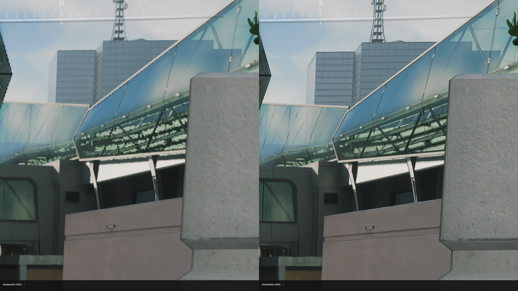 FSR3(左)vs FSR4(右),玻璃建築的反映更好。