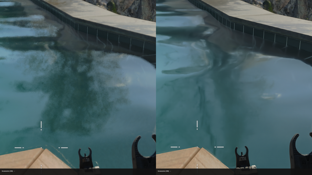 FSR3(左)vs FSR4(右),水面波紋及倒影粗糙、升級後明顯順眼得多。