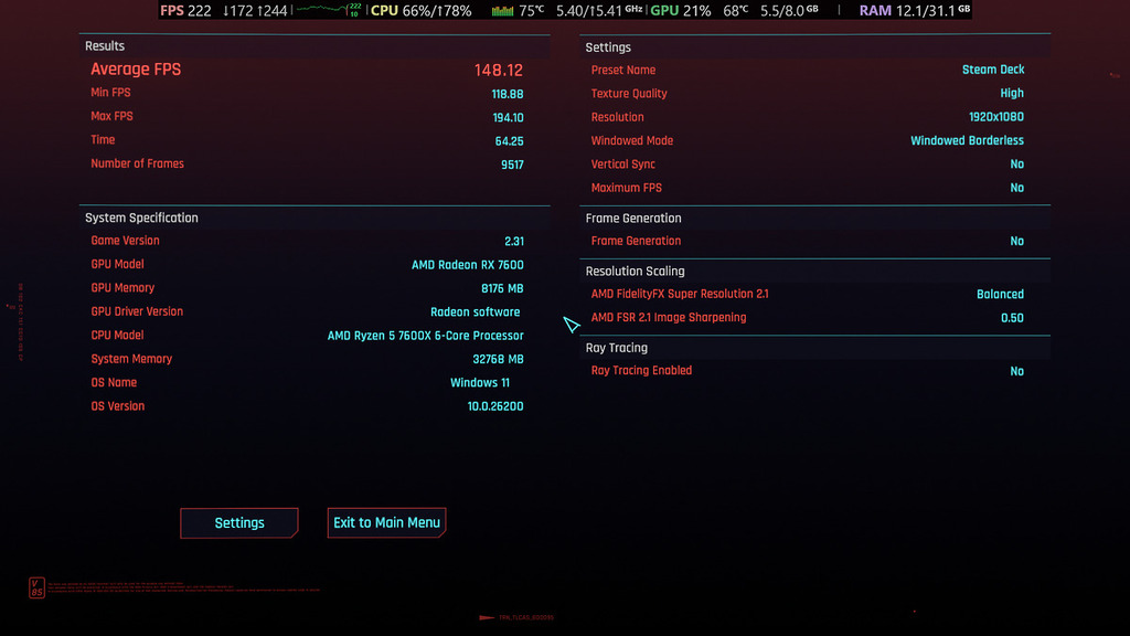 摸擬系統的 Cyberpunk 2077 -Steam Deck 設定達到 148fps，以 0.8x 效能折算，Steam Machine 預期有 118fps 水平。