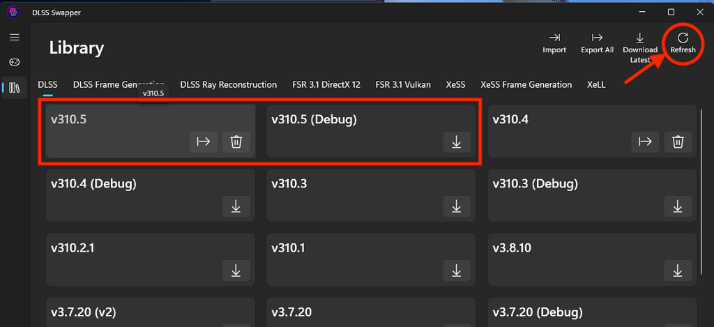 按一下右上角的 Refresh 按鈕,就會在 Library 裡見到 v310.5 的項目。