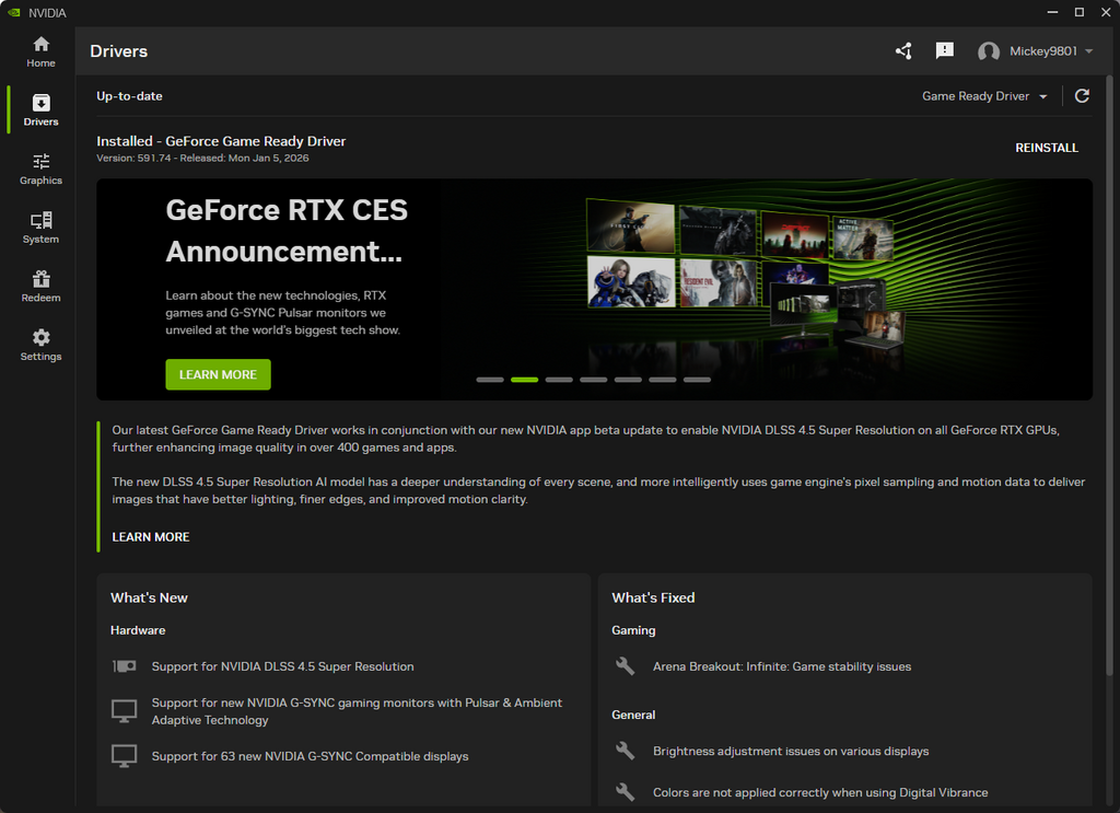 想享用 DLSS 4.5,首先當然要將驅動程式升級至 591.74 版本。