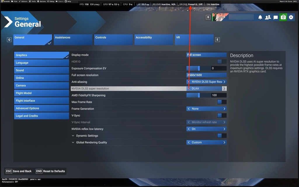 當設定 DLSS 為 DLAA、Quality 和 Balance 時,SR OVR 顯示為 Preset K。