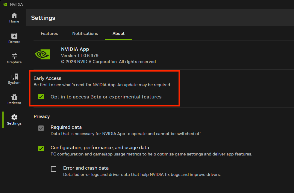 勾選「Opt in to access Beta or experimental features」就能安裝 Beta 版 NVIDIA App。