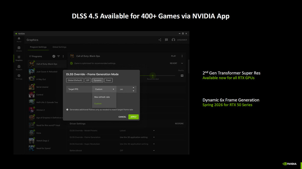 DLSS 4.5 適用於 400 多款遊戲,可於最新版本 NVIDIA App 介面內設定。