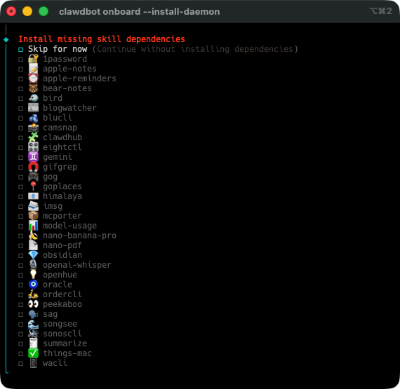 安裝 Skill 的依櫃檔案，初次使用建議只挑選兩三個真的會用到的技能來安裝就算，其他的稍後才可透過交談安裝。
