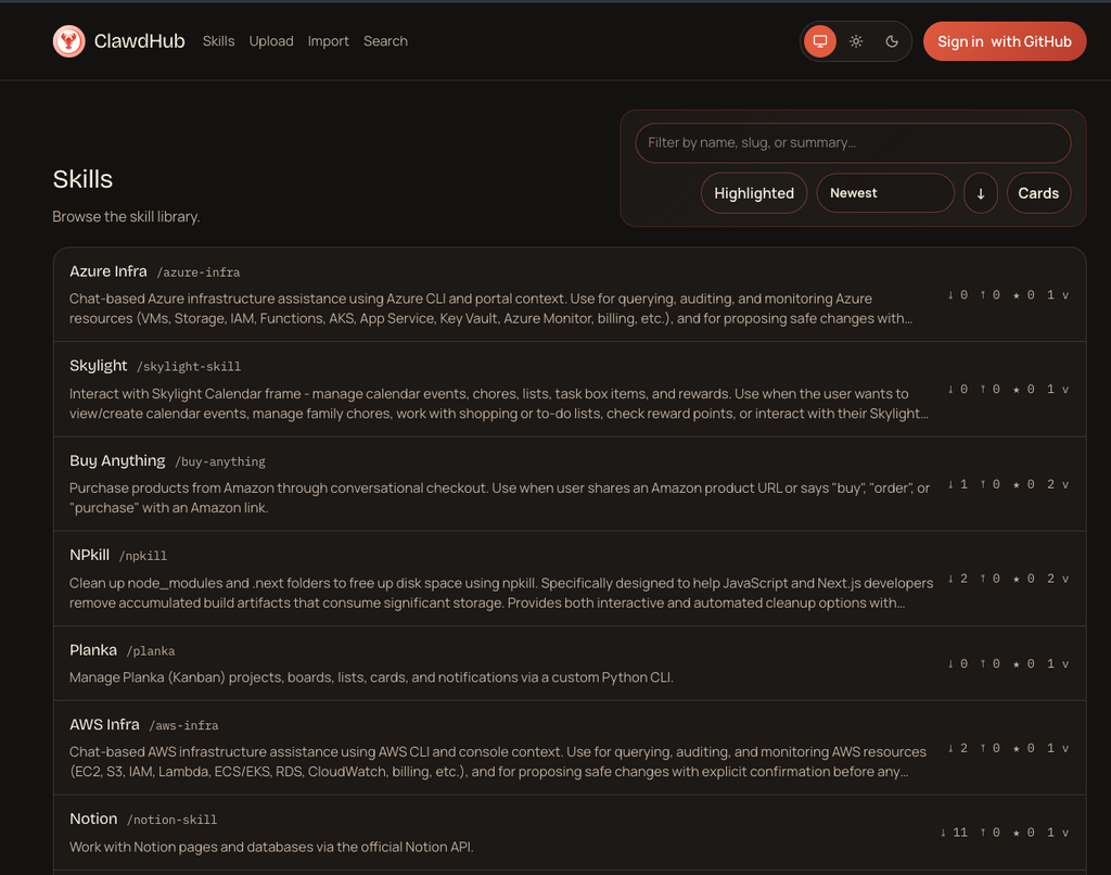 ClawdHub  上還有很多社群開發的 Skill，但不需要全都安裝。