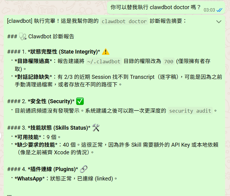 clawdbot doctor 檢查系統完整性、初步檢查安全性、技能狀態和插件連線。