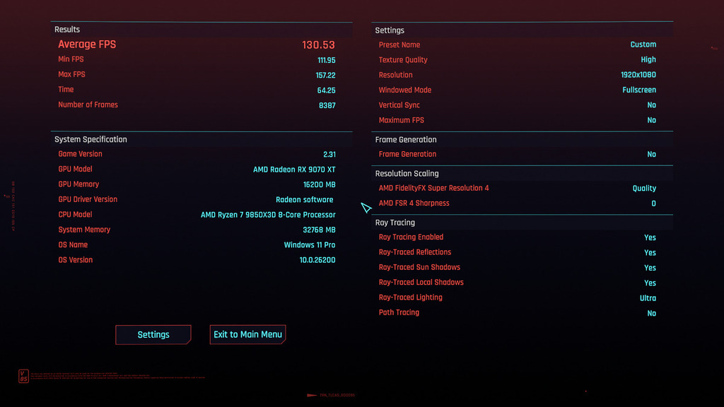 1080@ Cyberpunk 2077 -RT Ultra -FSR4 Q 得分 130.53fps