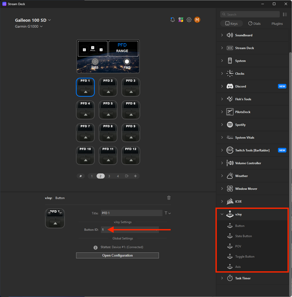 在 Stream Deck 軟件選用 vJoy 插件的按鈕/Axis 軸,設定相應的 vJoy 按鈕編號/軸名稱。