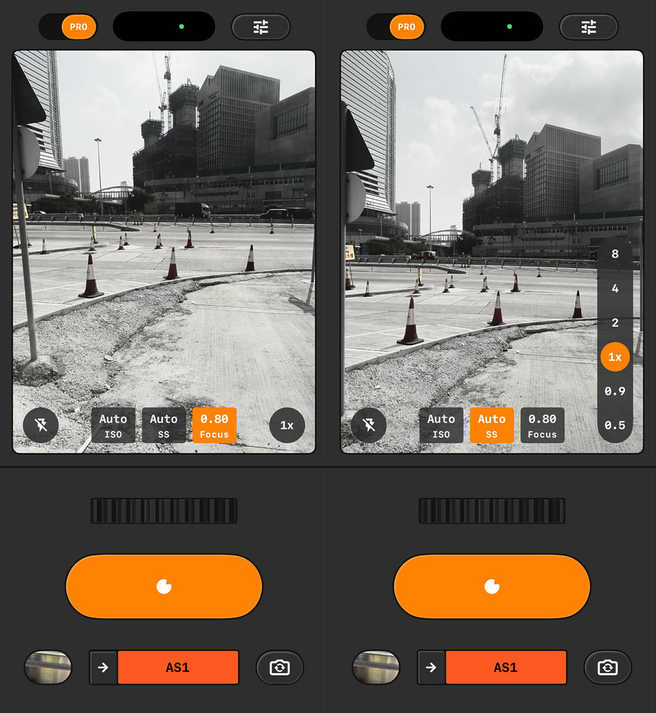 Snapseed 的專業模式使用上也很簡單,只要在 App 的取景框上方打開 Pro 模式,畫面就會顯示「Auto ISO」、「Auto SS」(Shutter Speed) 及 「Auto Focus」的選項,而在快門鍵上方會有一個數碼撥輪,用作調節上述數值,相當直觀。