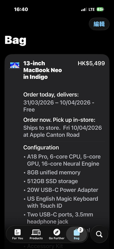 MacBook Neo 似乎比預期更受歡迎，官方網上預訂的送貨日期已排到 4 月中。
