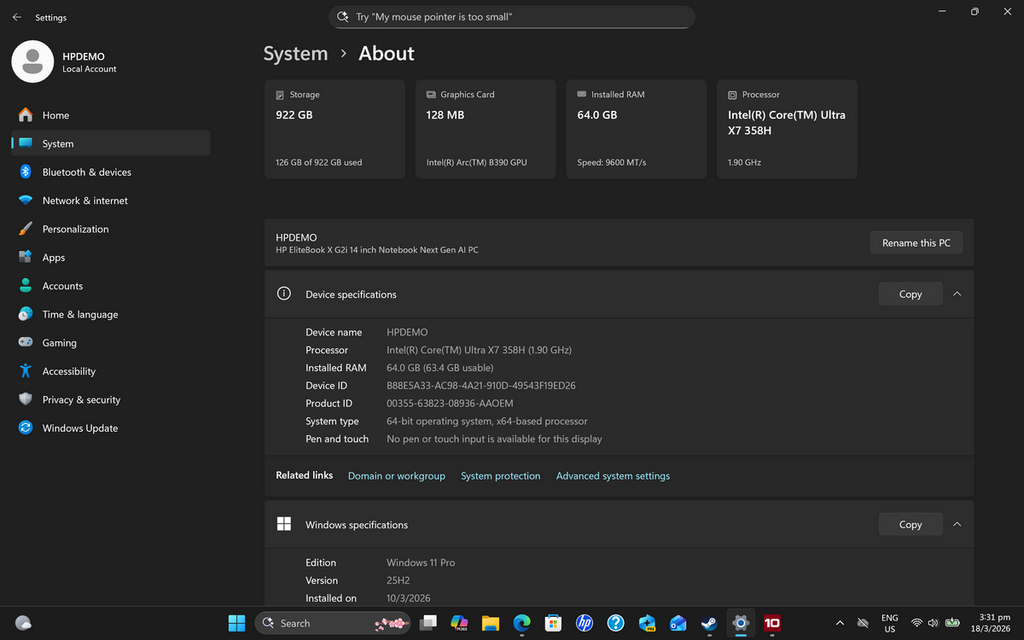 EliteBook X G2i 配備 Intel Core Ultra X7 358H 處理器、Intel Arc 內顯、64GB RAM + 1TB SSD 的配置。