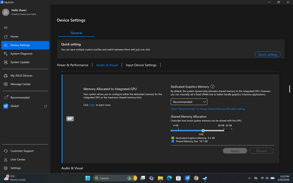用戶可透過 MyASUS 應用，將系統的 RAM 調撥給 GPU 作共享使用，以彌補筆電內置顯卡 VRAM 不足的痛點。