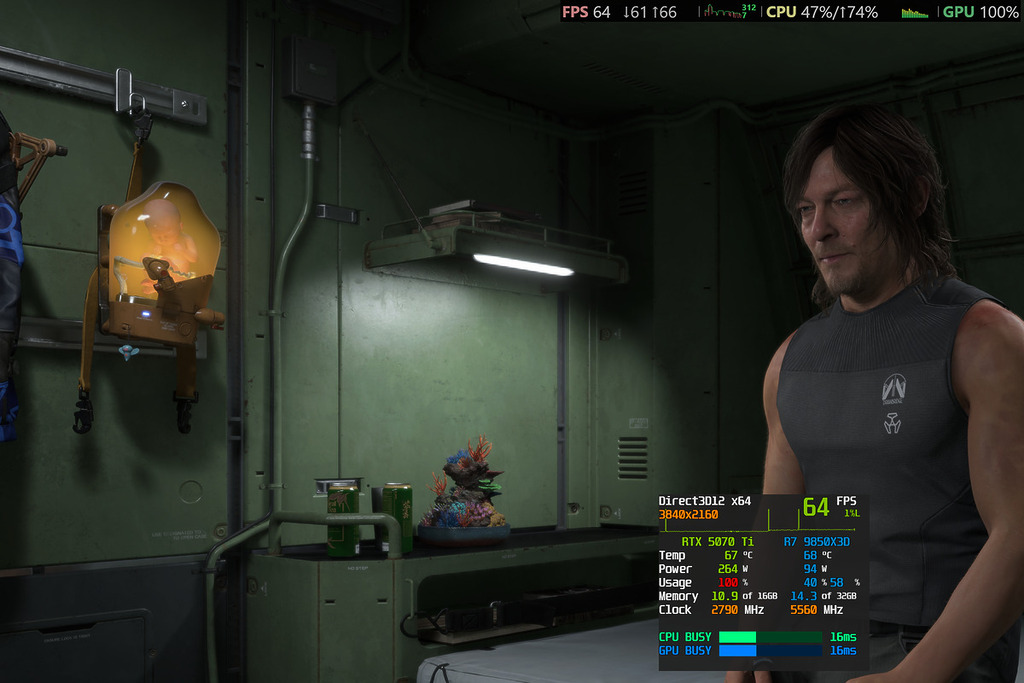 RTX 5070 TI 16GB @ 4K DLSS 效能，「非常高」+「環境光遮蔽」及「反射」設定內啟用光追功能，在金屬質感和牆壁陰影有改善。