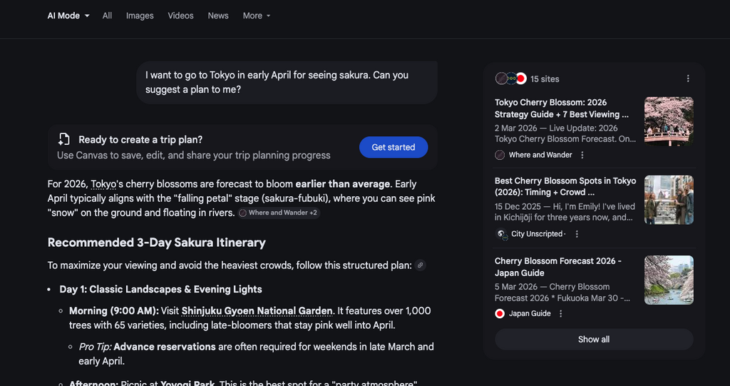 以英語要求建立旅行計劃,就會顯示 Get started 按鈕,可啟動 Canvas。