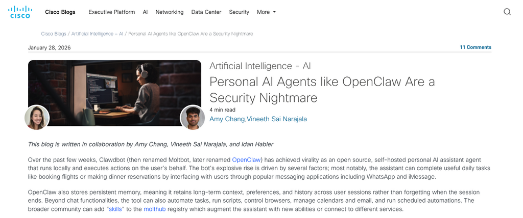 Cisco 早在年初就發表報告,指 OpenClaw(當時稱為 Clawdbot)這類個人 AI 助理是安全噩夢。
