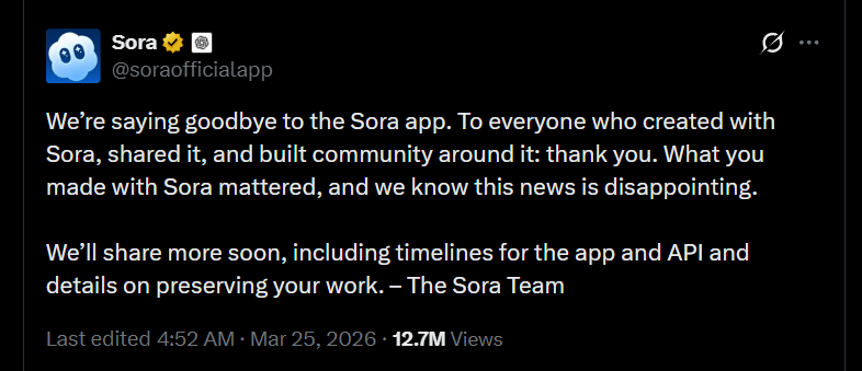 OpenAI 的 Sora 團隊在 X（前 Twitter）上發文「向 Sora App 告別」。