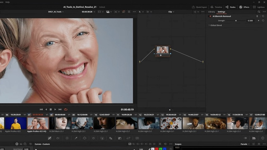 有些演員需要後製幫忙去斑去皺,現在 DaVinci Resolve 21 內置了美顏去除皮膚瑕疵工具 Blemish Remover 就更方便了。