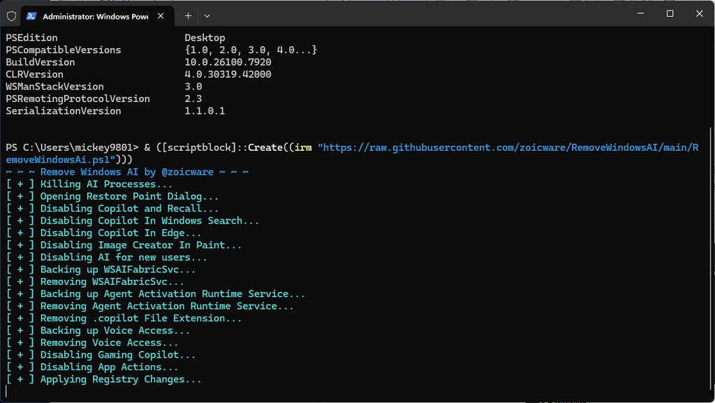 確認後執行,腳本會自動處理登錄檔、Appx 套件、CBS 套件及檔案,需時幾分鐘。