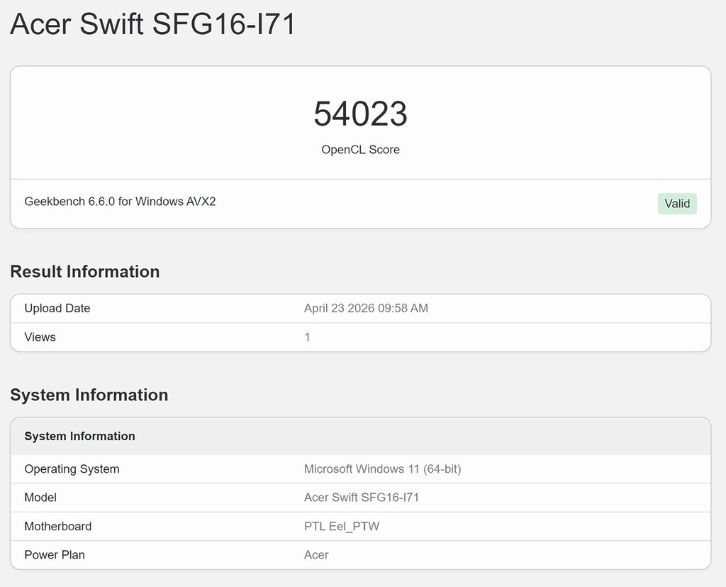 採用 Intel Arc B390 GPU，Geekbench OpenCL 得分達 54,023，相當強勁。