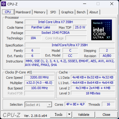 CPU-Z 見到 Intel Core Ultra X7 358H 處理器規格。