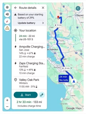 Google Maps 會按估算電量，顯示沿途的充電站建議，並提供充電時間參考。