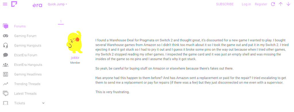 在 ResetEra 討論區，用戶 jokkir 分享了他從 Amazon Resale 買到假 《人機迷網 Pragmata》卡帶的事件。