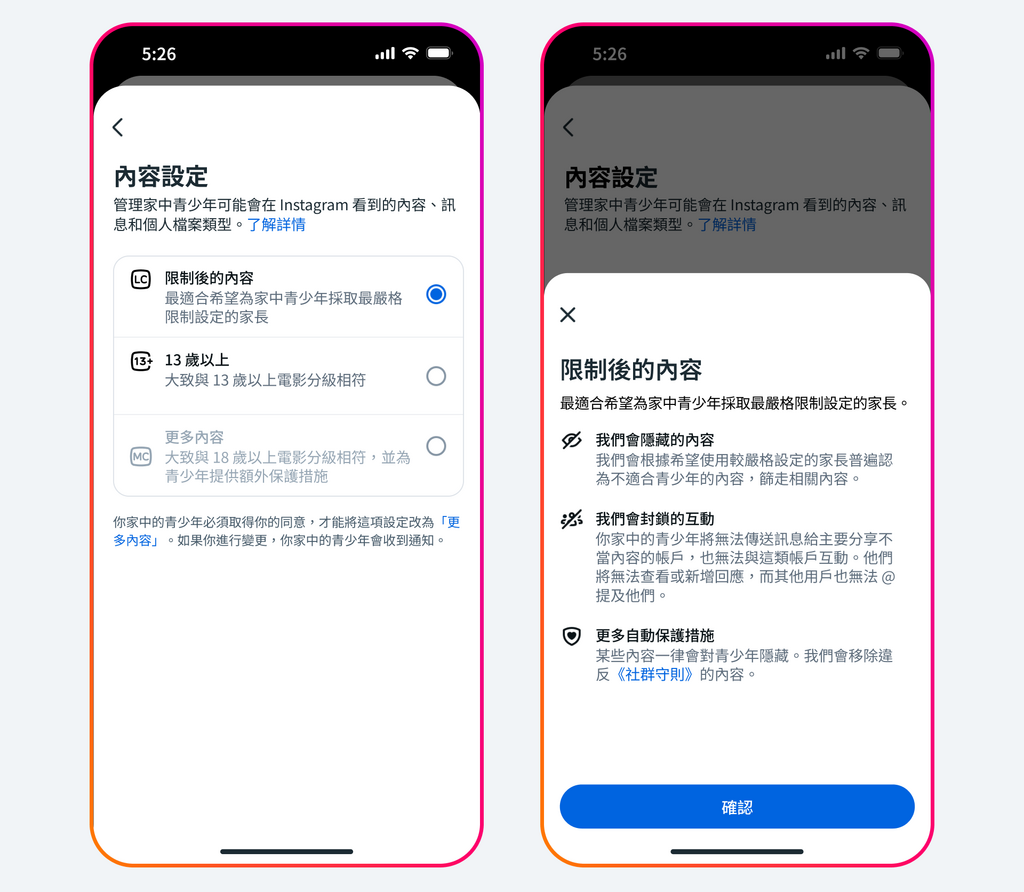 家長可以設定家中青少年可以接觸的內容，並移除青少年查看、發表或接收帖文下評論的功能，提供家長更大的控制權。