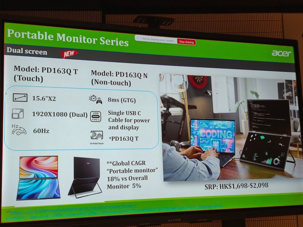 Acer PD163QT 以雙層上下式設計，大大擴展用家視野。