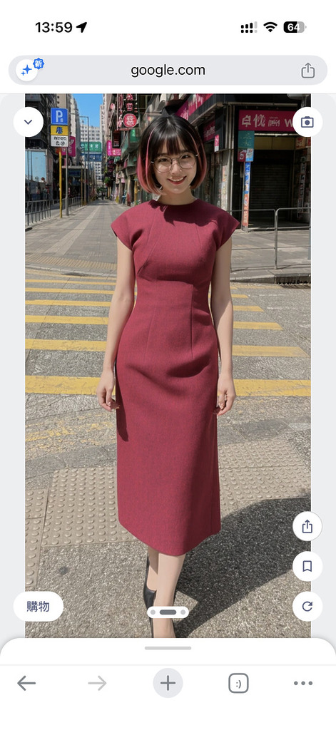完成圖。不過要留意如果選擇是上衣或下身部分，Google 是會以黑色的衣服來配搭，不會沿用用戶身上原本的上衣／下身服裝和鞋襪的。覺得合襯的話可以點擊左下角「購買」按鈕直接到商家的網店購買。
