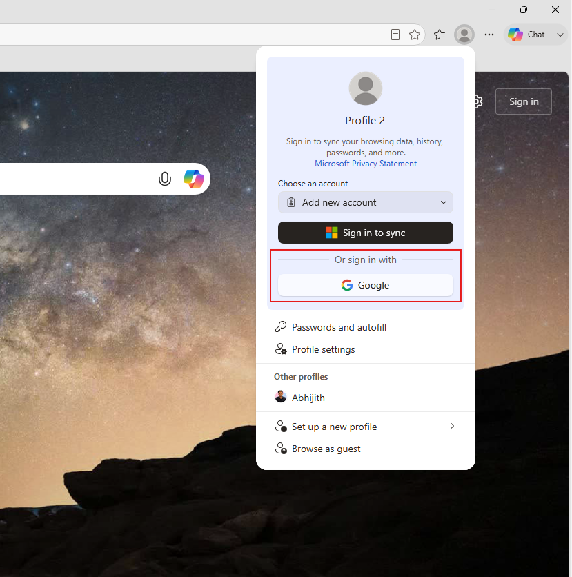Edge Beta 150 加入「使用 Google 帳戶登入」的選項。
