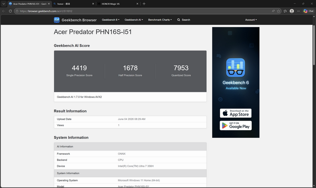 Geekbench AI 量化分數為 7,953，僅稍低於採用 Intel Core Ultra X7 358H 的新機。