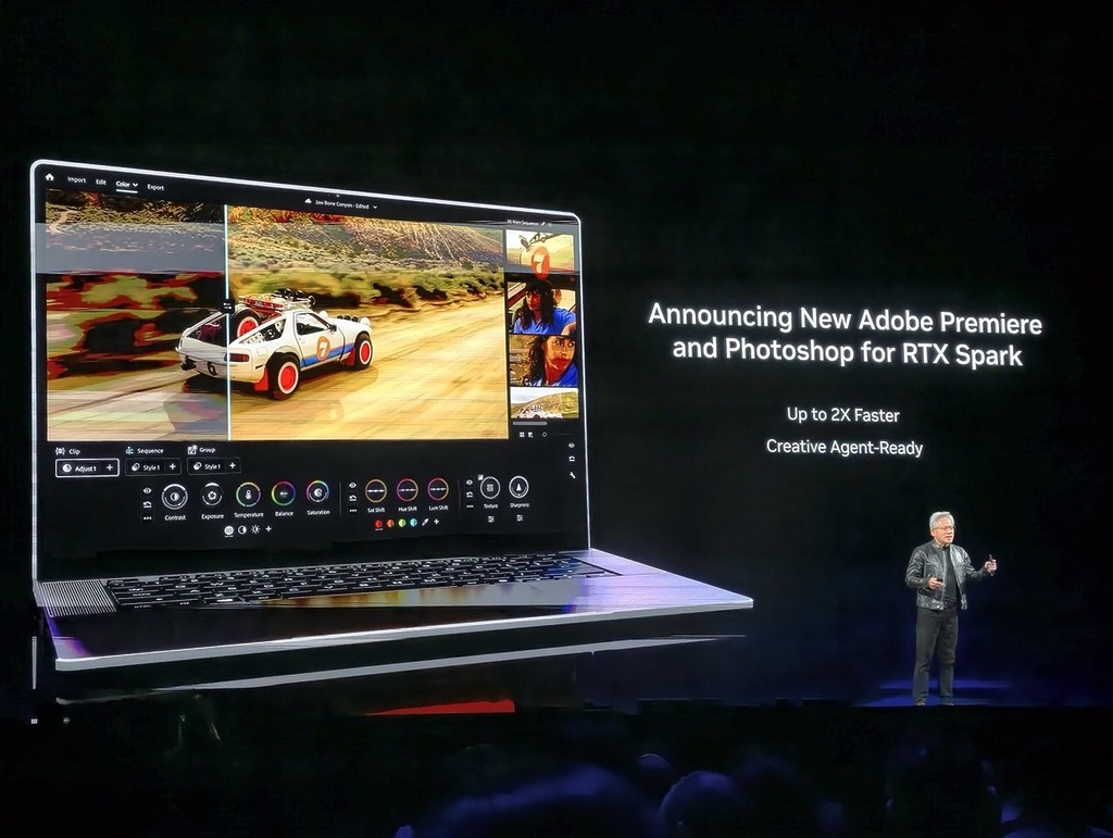 黃仁勳同時宣布 Adobe 將會推出 RTX Spark 平台版本的 Photoshop 和 Premiere。