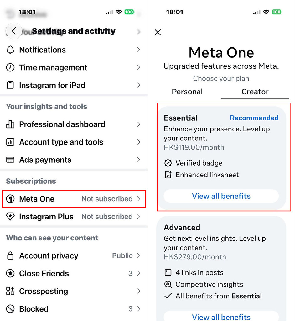 Meta One 會包括帳戶的「藍勾勾」認證， 其中月費 $279 的 Advanced 訂閱還可在 IG/FB 貼文內直接放多達 4 條外連網址作引流導購。