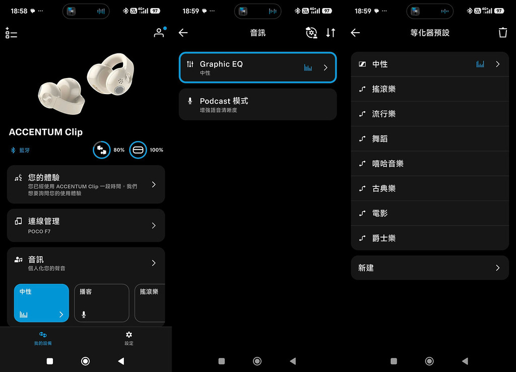ACCENTUM Clip 配備智能 Dynamic EQ 動態均衡器，內建先進的動態等化演算法，能按耳機的音量，對聲音進行調節。
