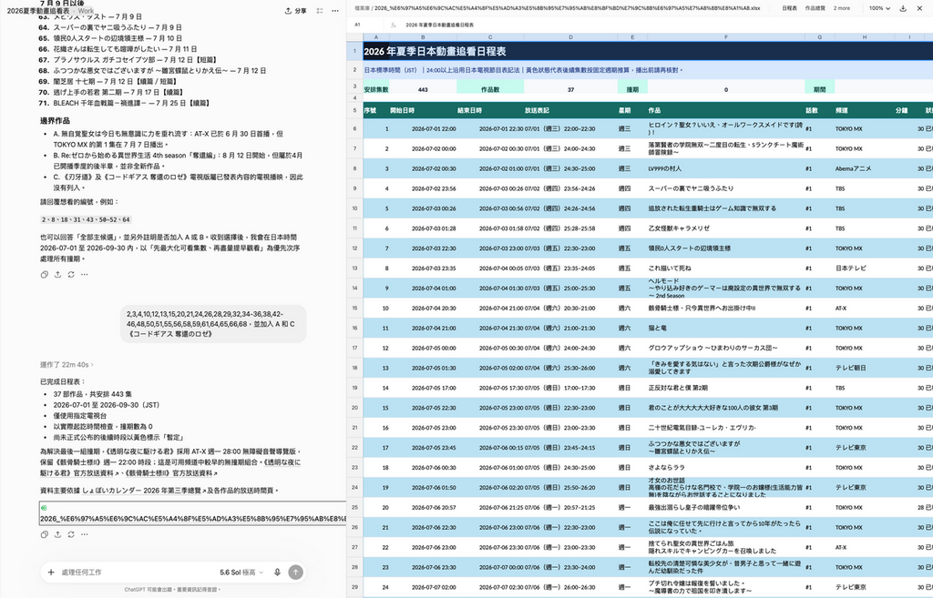 經過 22 分 40 秒就完成一份包含 37 套作品 443 集集數，0 撞期的觀賞時間表 Excel 檔，期間只作出兩次簡單互動就輕鬆完成成品，可以直接在頁面上檢查。