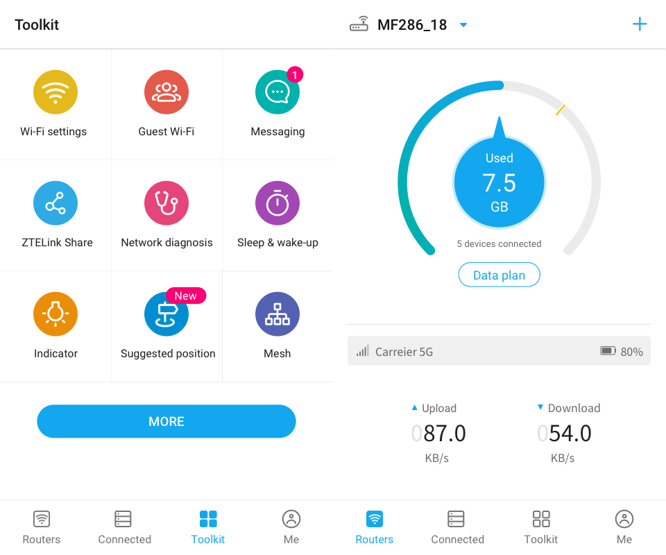 透過《ZTELink》App，用家可即時查看已使用的 5G/4G 流量，並設定流量上限與超量警示、查看當前已連線的設備列表，當然還有修改 SSID 名稱、密碼與網絡診斷等功能。